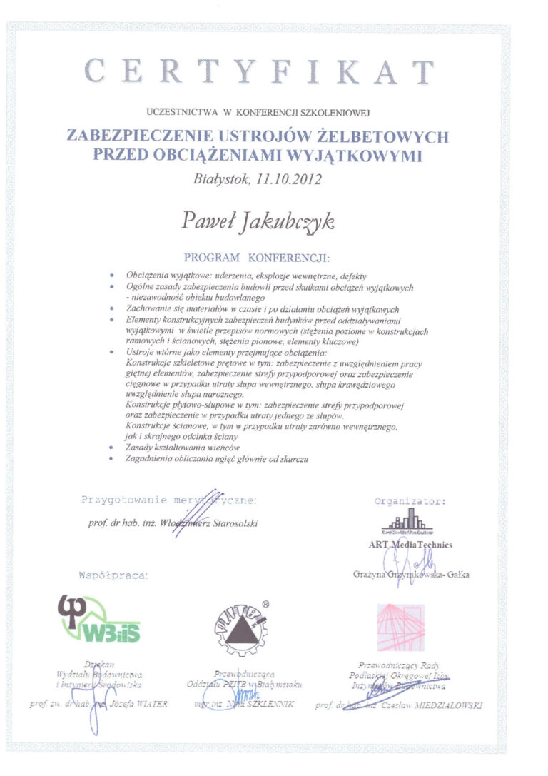 Certyfikat uczestnictwa w szkoleniu "Zabezpieczenie ustrojów żelbetowych przed obciążeniami wyjątkowymi"