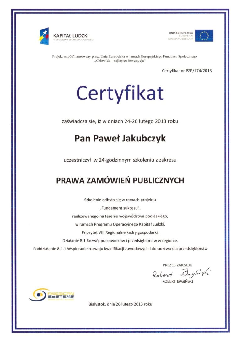 Certyfikat ze szkolenia "Prawo zamówień publicznych"