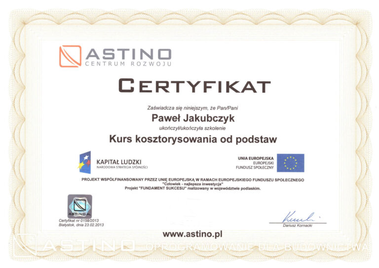 Certyfikat ze szkolenia "Kurs kosztorysowania od podstaw"