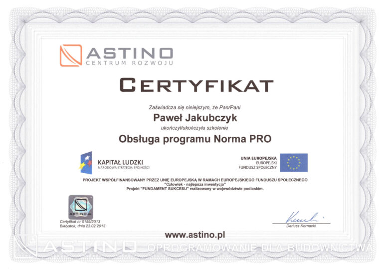 Certyfikat ze szkolenia "Obsługa programu Norma PRO"