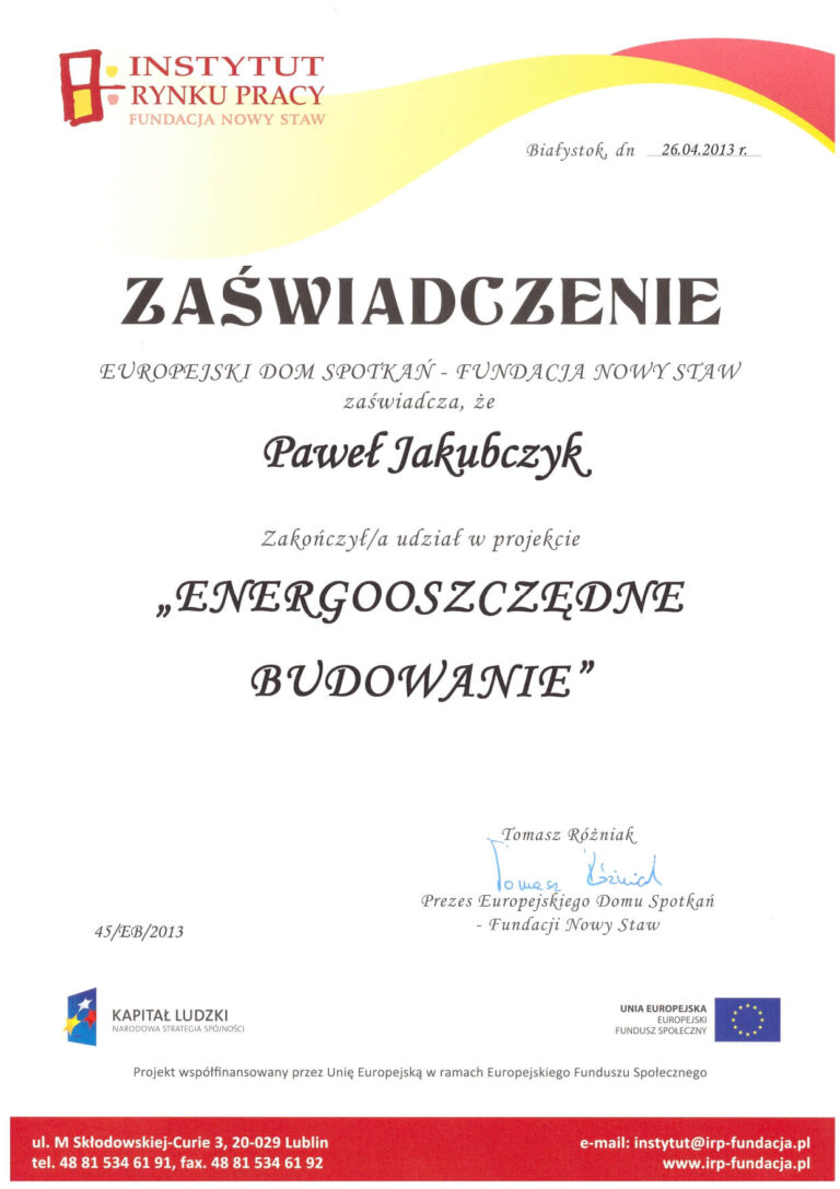 Certyfikat z projektu "Energooszczędne budowanie"